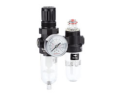 Minyatür filtre/regülatör ve yağlayıcı kombinasyon ünitesi, G1/8, otomatik tahliye, 40 µm filtre elemanı, göstergeli, braketsiz