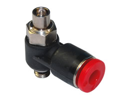 Pneufit C flow regulator (out), shrouded banjo, elbow, M5, 4mm