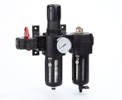 Excelon filtre/regülatör ve yağlayıcı kombinasyon ünitesi, G1/2, otomatik tahliye, 40 µm filtre elemanı, kapatma vanalı, göstergeli ve braketli