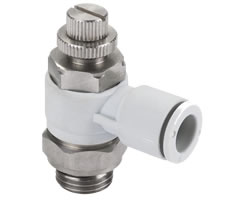 Pneufit E flow regulator (out), banjo, elbow, G1/8, 6mm