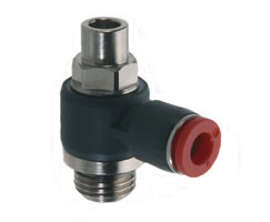 Pneufit C flow regulator (out), shrouded banjo, elbow, G1/8, 8mm