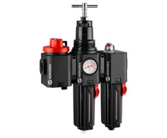 Aşırı sıcaklık uygulamaları için Excelon Plus filtre/regülatör ve yağlayıcı kombinasyon ünitesi, G3/4, manuel tahliye, kapatma vanası, gösterge ve braketlerle birlikte