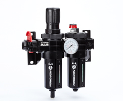 Olympian Plus filtre/regülatör ve yağlayıcı kombinasyon ünitesi, G1/2, otomatik tahliye, 40 µm filtre elemanı, kapatma vanalı, göstergeli ve braketli