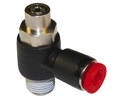 Pneufit C flow regulator (out), shrouded banjo, elbow, R1/4, 12mm