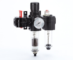Excelon filtre/regülatör ve yağlayıcı kombinasyon ünitesi, G1/4, otomatik tahliye, 40 µm filtre elemanı, kapatma vanalı, göstergeli ve braketli