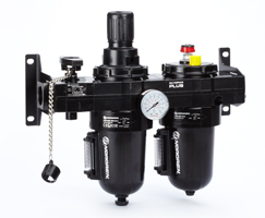 Olympian Plus filtre/regülatör ve yağlayıcı kombinasyon ünitesi, G1, manuel tahliye, 40 µm filtre elemanı, kapatma vanalı, göstergeli ve braketli