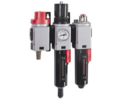 Excelon Plus filtre/regülatör ve yağlayıcı kombinasyon ünitesi, 1/4 PTF, otomatik tahliye, kapatma vanası olmadan, gösterge ve braketlerle birlikte