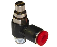 Pneufit C flow regulator (in), banjo, elbow, R1/8, 6mm