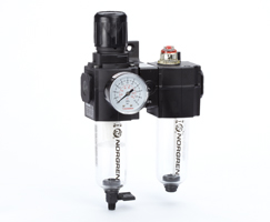 Excelon filtre/regülatör ve yağlayıcı kombinasyon ünitesi, G3/8, manuel tahliye, 40 µm filtre elemanı, kapatma vanasız, göstergeli ve braketli