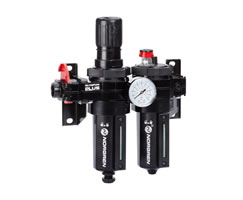 Olympian Plus filtre/regülatör ve yağlayıcı kombinasyon ünitesi, G1/2, manuel tahliye, 40 µm filtre elemanı, kapatma vanalı, göstergeli ve braketli