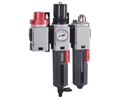 Excelon Plus filtre/regülatör ve yağlayıcı kombinasyon ünitesi, G1/4, otomatik tahliye, kapatma vanası, gösterge ve braketlerle birlikte